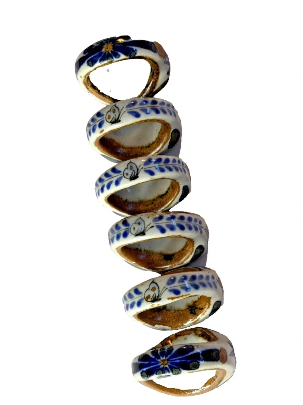 Vintage Ken Edwards Tonala Mexican Pottery Napkin Rings Set of 6 Signed KE
